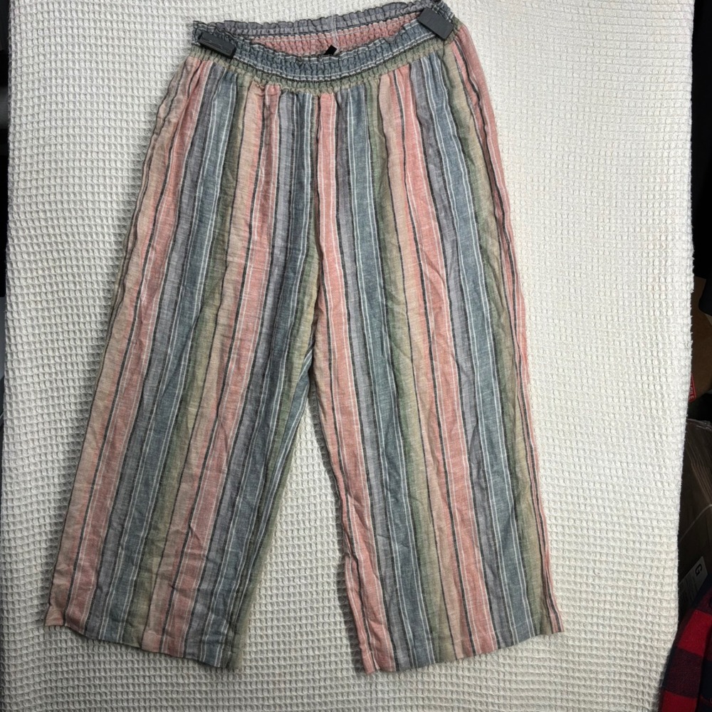 Boho Womens DREW Linen Blend Striped Wide Leg Pants L Multi-Color